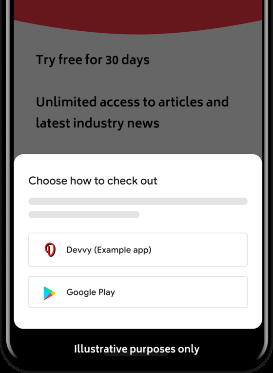 An example image of how customers will be able to choose between Google Play billing system and an alternative system [GOOGLE]