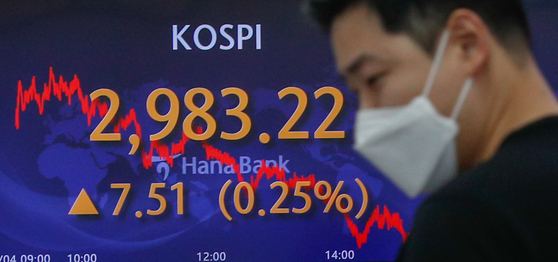 A screen at Hana Bank's trading room in central Seoul shows the Kospi closing at 2,983.22 points on Thursday, up 7.51 points, or 0.25 percent, from the previous trading day. [NEWS1] 