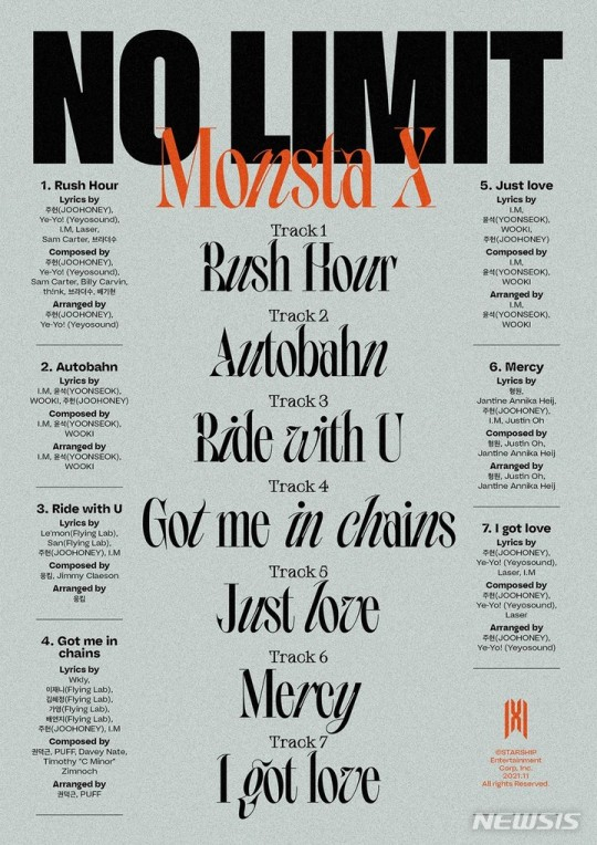 The track list for boy band Monsta X's new EP ″No Limit″ [STARSHIP ENTERTAINMENT]