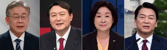 From left, Democratic Party’s Lee Jae-myung, People Power Party’s Yoon Seok-youl, Justice Party’s Sim Sang-jeong and People’s Party’s Ahn Cheol-soo are expected to face off in a four-way race for the presidential election next March. [YONHAP]