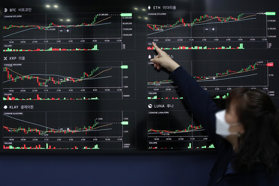 An employee at cryptocurrency exchange Coinone points to the rising prices of bitcoin and other cryptocurrencies at an electronic board at the exchange in Yongsan, central Seoul on Tuesday. Bitcoin prices hit a new record for the first time in roughly seven months on Tuesday, as a single bitcoin is now valued at 82 million won ($70,000). The latest hike was credited to the record-breaking increase of the U.S. futures-based bitcoin ETF that debuted last month. [YONHAP]