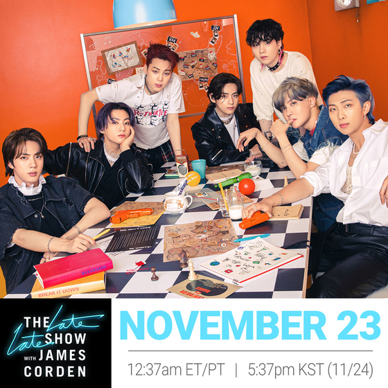 Boy band BTS will appear on the American talk show “The Late Late Show with James Corden” on Nov. 23. [BIG HIT MUSIC]