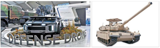  From left: Hydrogen fuel cell Defense Drone; K2 battle tank designed for the Middle East.[HYUNDAI ROTEM]