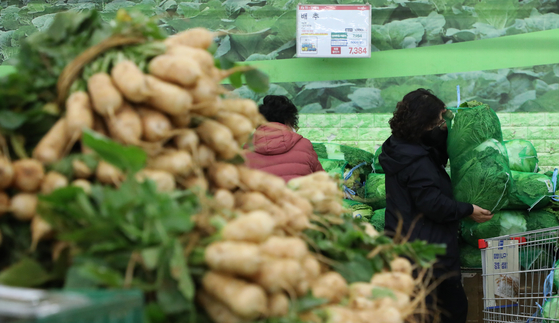 People shop for napa cabbage and radishes at a discount mart in Seoul on Wednesday. Prices of vegetables and other ingredients needed for kimjang, or kimchi making, have been on the rise. According to Korea Price Research Center, an average 419,620 won ($355) is required for a four-person family for kimjang as of Wednesday, up 5.8 percent on year. [YONHAP] 