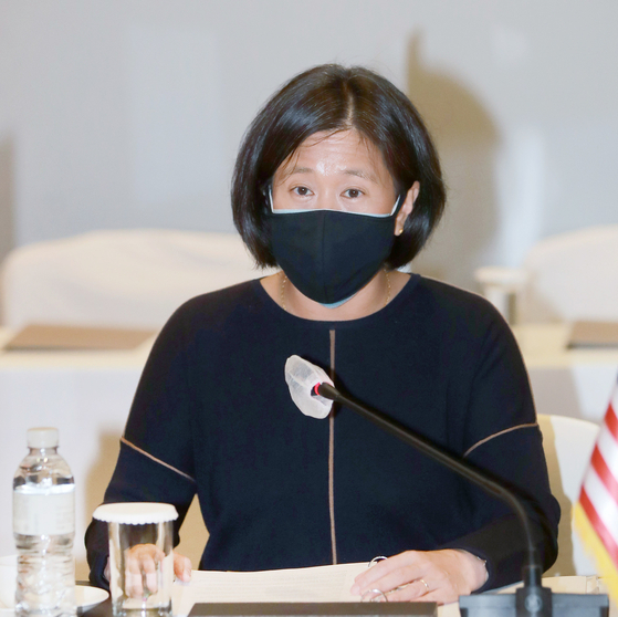 U.S. Trade Representative (USTR) Katherine Tai speaks during her meeting with Korean Trade Minister Yeo Han-koo at the Silla Hotel in Seoul on Friday. [NEWS1]