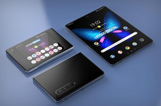 A rendering created by LetsGoDigital of a potential Samsung Electronics foldable phone, which opens like the clam shell-like Flip series but is horizontally wider. [LETSGODIGITAL]