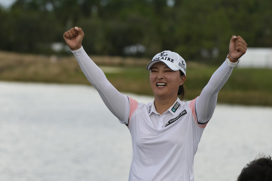 Ko Jin-young reacts after winning the CME Group Tour Championship at Tiburon Golf Club on Sunday in Naples, Florida. [AP/YONHAP]