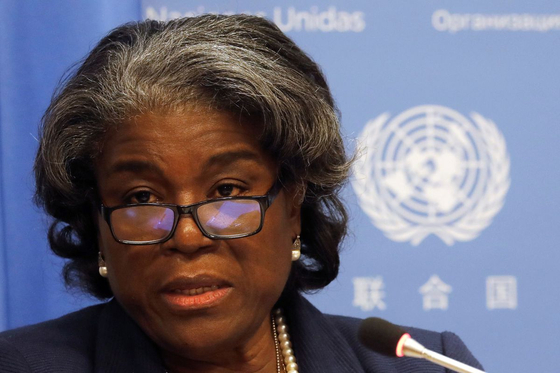 U.S. Ambassador to the United Nations Linda Thomas-Greenfield holds a news conference to mark the start of the U.S. presidency of the UN Security Council at the UN headquarters in New York on March 1. [REUTERS/MIKE SEGAR]