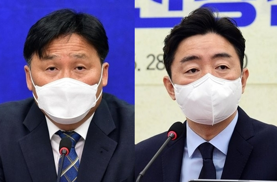 Rep. Kim Young-jin, left, is named as the Democratic Party’s new secretary general. Rep. Kang Hoon-sik is named as the party’s new chief strategist. [YONHAP]