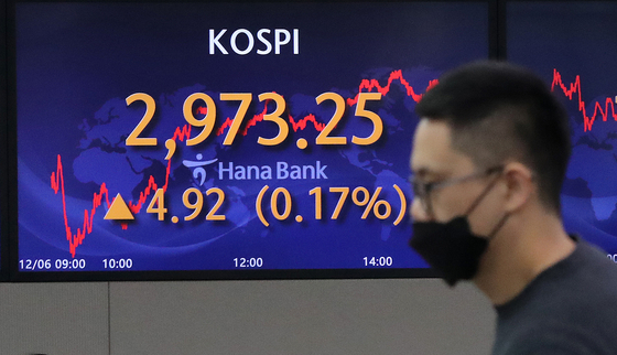 A screen at Hana Bank's trading room in central Seoul shows the Kospi closing at 2,973.25 points on Monday, up 4.92 points, or 0.17 percent, from the previous trading day. [NEWS1] 