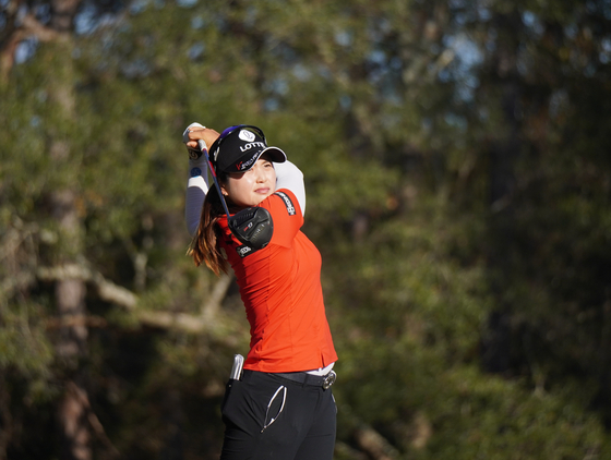 Choi Hye-jin watches her drive during the third round of the LPGA Q-Series Week One tournament at Magnolia Grove in Mobile, Alabama on Saturday. [LPGA]