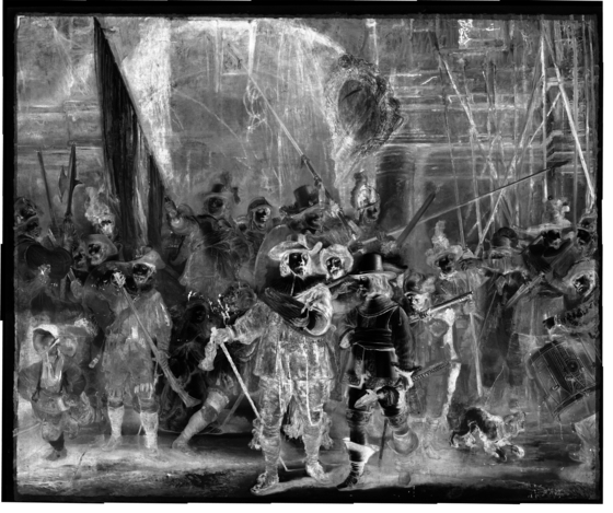 This image released by the Rijksmuseum Wednesday Dec. 8, 2021, shows a scan that revealed a preparatory sketch of the work underneath Rembrandt van Rijn's iconic 1642 painting “The Night Watch”. The Netherlands' national museum is planning to re-stretch Rembrandt's painting to get rid of deformations in its top left corner, the Rijksmuseum announced Wednesday. [AP/YONHAP]