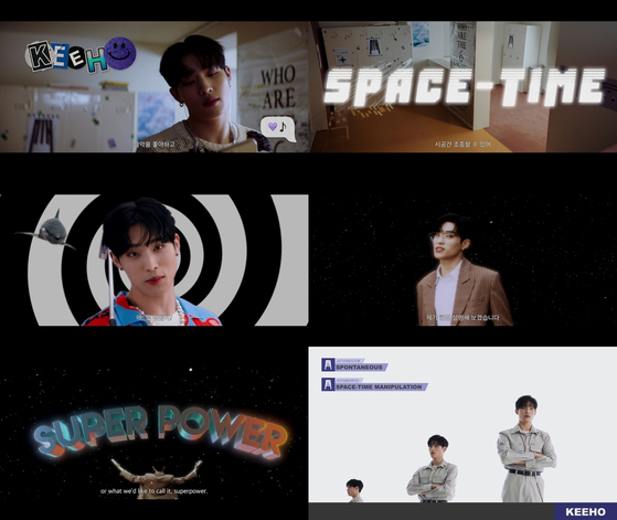 Scenes from a YouTube clip "W+W (Welcome to +WORLD) featuring Keeho of the boy band P1Harmony [FNC ENTERTAINMENT]