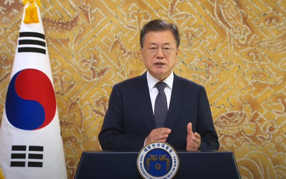Korean President Moon Jae-in delivers remarks at the two-day virtual Summit for Democracy hosted by U.S. President Joe Biden which kicked off Thursday. [BLUE HOUSE]