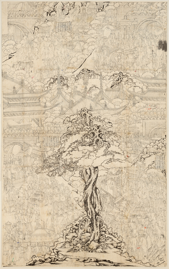 The underdrawing of Eight Great Events of the Life of the Buddha from Tongdo Temple is displayed next to the finished version for comparison. [NATIONAL MUSEUM OF KOREA]