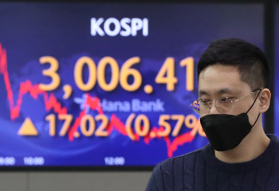 A screen at Hana Bank's trading room in central Seoul shows the Kospi closing at 3,006.41 points on Thursday, up 17.02 points, or 0.57 percent, from the previous trading day. [NEWS1] 