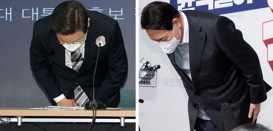  Ruling Democratic Party presidential candidate Lee Jae-myung and his rival Yoon Suk-yeol of the People Power Party apologize for suspicions over a son’s illegal gambling and a wife’s wrong accreditations, respectively, last week. [JOINT PRESS CORPS]