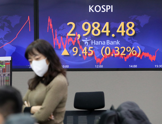 A screen in Hana Bank's trading room in central Seoul shows the Kospi closing at 2,984.48 points on Wednesday, up 9.45 points, or 0.32 percent, from the previous trading day. [NEWS1] 
