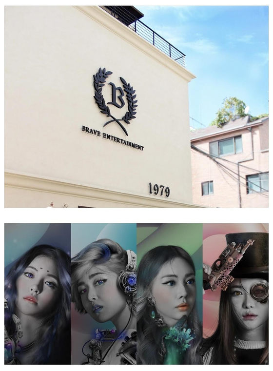 Top: The building of Brave Entertainment that represents girl group Brave Girls Above: NFTs released by Brave Entertainment featuring members of Brave Girls as humanoid robots