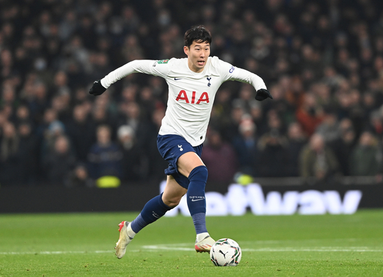 Son Heung-min of Tottenham Hotspur in action during a Carabao Cup quarterfinal against West Ham in at Tottenham Hotspur Stadium in London on Wednesday. [EPA/YONHAP]