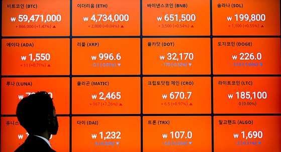 Cryptocurrency traded at Bithumb office in Gangnam, Seoul, in December. The NTS has changed the way it is taxing on virtual assets inheritance or gifting starting 2022. [YONHAP]