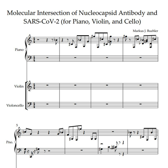 Part of the score of “Molecular Intersection of Nucleocapsid Antibody and SARS-CoV-2 (for Piano, Violin and Cello),″ composed by Markus Buehler. [MARKUS BUEHLER] 