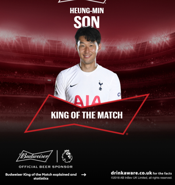Son Heung-min was crowned "King of the Match" following the match between Southampton and Tottenham Hotspur at St Mary's Stadium in Southampton, England, on Tuesday. [SCREEN CAPTURE]