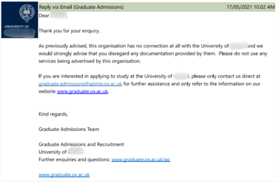 A message from the University of Oxford in response to the KAIST researcher's enquiry about the organization's authenticity. [SCREEN CAPTURE]