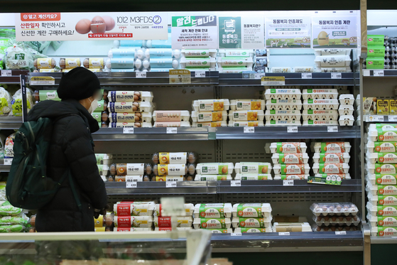 Eggs sold at a retail store in Seoul in December. Eggs were one of the food items that saw a sharp increase in 2021. Consumer price grew at the fastest rate in a decade. [YONHAP]