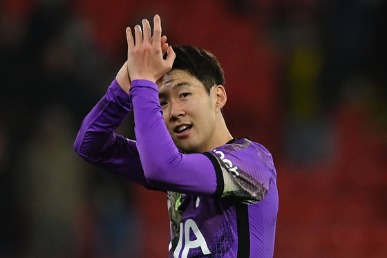 Tottenham Hotspur's Son Heung-min reacts at the final whistle during a Premier League match against Watford at Vicarage Road Stadium in Watford, England, on Saturday. [AFP/YONHAP]
