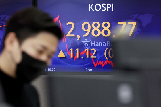 A screen in Hana Bank's trading room in central Seoul shows the Kospi closing at 2,988.77 points on Monday, up 11.12 points, or 0.37 percent, from the previous trading day. [YONHAP] 