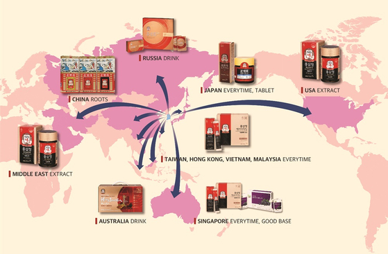 A map compiled by the Korea Ginseng Corporation shows the best selling red ginseng products in each country. [KOREA GINSENG CORPORATION]