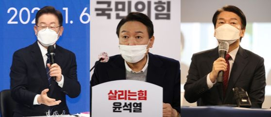 Presidential candidates from left: Lee Jae-myung of the Democratic Party, Yoon Suk-yeol of the People Power Party, and Ahn Cheol-soo of the People's Party [YONHAP]