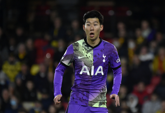Tottenham's Son Heung-min reacts during a match against Watford at Vicarage Road, Watford, England on Jan. 1. [AP/YONHAP]