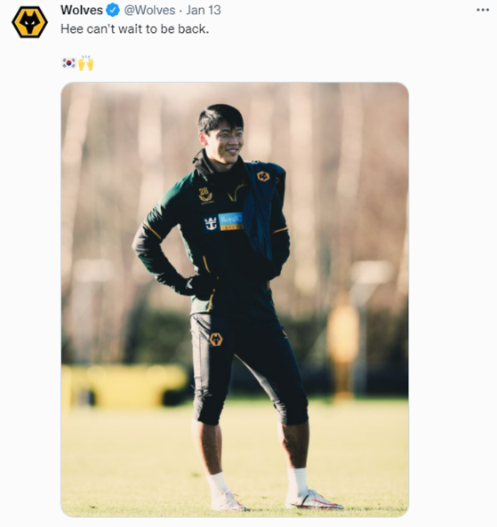 An image posted on the official Wolverhampton Wanderers' Twitter page on Jan. 13 shows Hwang Hee-chan attending training. [SCREEN CAPTURE]