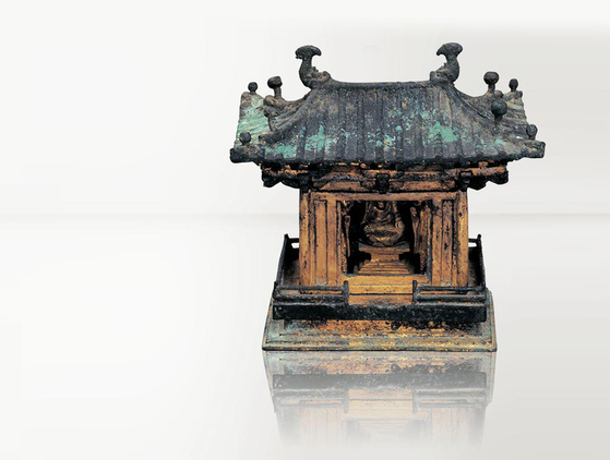 The Portable Shrine of Gilt-bronze Buddha Triad in one piece. [CHA]