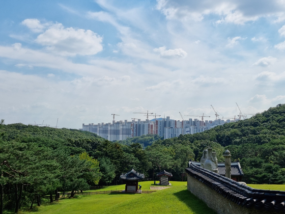 High-rise apartment buildings are being constructed in Incheon's Geomdan New Town, blocking the view of Mount Gyeyang from Jangneung, one of 40 of the Joseon Dynasty's (1392-1910) royal tombs that became a Unesco World Heritage in 2009. [SHIM SEOK-YONG]