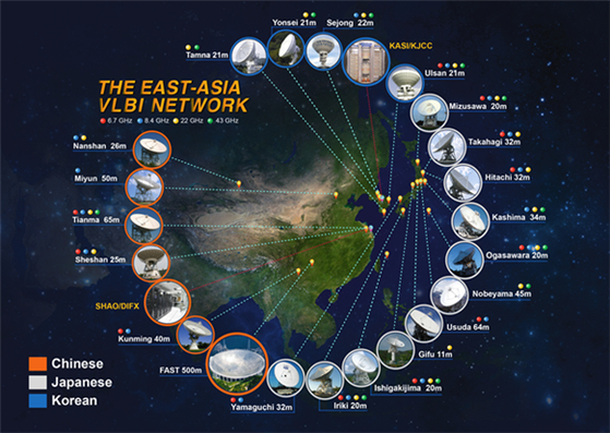 The radio telescopes connected through the East Asian VLBI Network (EAVN) [NATIONAL GEOGRAPHIC INFORMATION INSTITUTE]