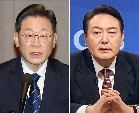 Democratic Party presidential candidate Lee Jae-myung, left, and People Power Party presidential candidate Yoon Suk-yeol [JOONGANG PHOTO]