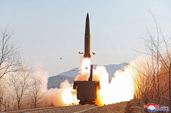A photograph of Friday's tactical guided missile launch from a train in Uiju, North Pyongan Province, released by the North Korean state-run Korean Central News Agency on Saturday. The test was the third out of four conducted by the North in the new year. [YONHAP]