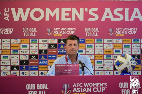 Korean women's national football team head coach Colin Bell attends a press conference ahead of the Asian Football Confederation Women's Asian Cup at Shiv Chhatrapati Sports Complex in Pune, India on Thursday. [YONHAP]