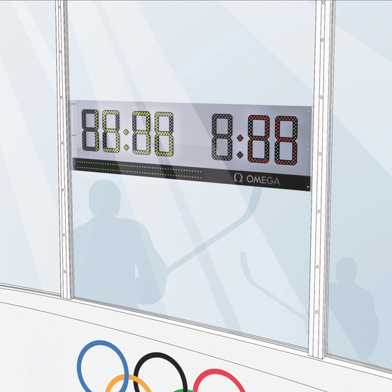 Newly-introduced transparent LED clocks will allow ice hockey players to monitor the game time more conveniently while in the rink. [OMEGA]