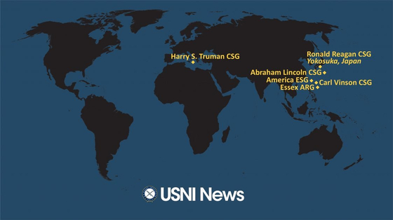 A map by the United States Naval Institute shows the concentration of U.S. carrier strike groups in the western Pacific, close to the Korean Peninsula. [USNI]