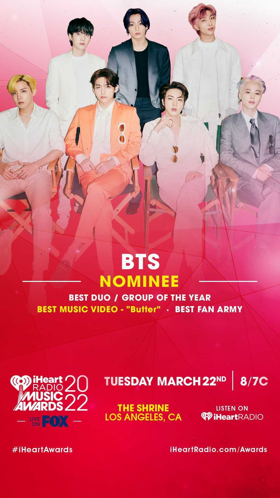 BTS received three nominations for this year’s iHeartRadio Music Awards. [BIG HIT MUSIC]