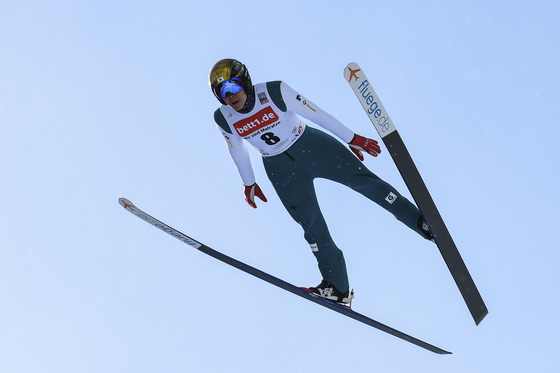 Park Je-un competes during the provisional competition round for the Men's Ski Jumping Competition at the FIS World Cup Nordic Combined in Klingenthal, Germany on March 20.  [EPA/YONHAP]