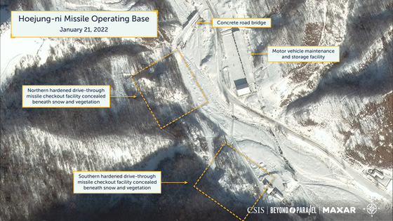 A satellite image of the Hoejung-ni missile operating base in North Korea's Chagang Province shows how tree and bush growth and long shadows in the winter complicate the identification of facilities, which have been labelled by Beyond Parallel. [CSIS]