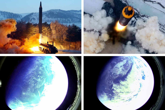 North Korea test-fires its intermediate-range ballistic missile, Hwasong-12, on Sunday in photos released by its official Korean Central News Agency (KCNA) Monday. [KCNA]