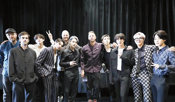 BTS and Coldplay members pose for a photo together in New York in October, 2021, after working together on their collaboration ″My Universe.″ [YONHAP]