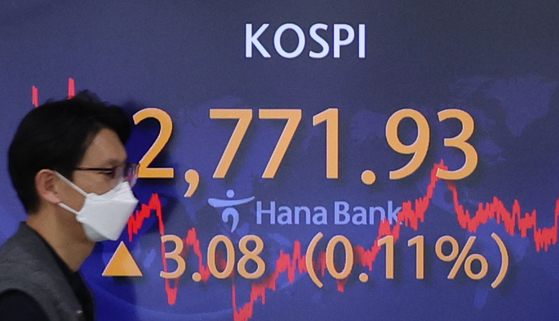 A screen in Hana Bank's trading room in central Seoul shows the Kospi closing at 2,771.93 points on Thursday, up 3.08 points, or 0.11 percent, from the previous trading day. [YONHAP]