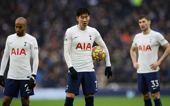 From left: Tottenham Hotspur's Lucas Moura, Son Heung-min and Ben Davies react during a game against Wolverhampton Wanderers at Tottenham Hotspur Stadium in London on Sunday. [REUTERS/YONHAP]